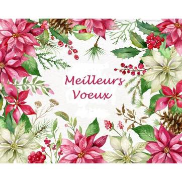 Carte artisanale Meilleurs Voeux Poinsettias rouges et blancs, Houx