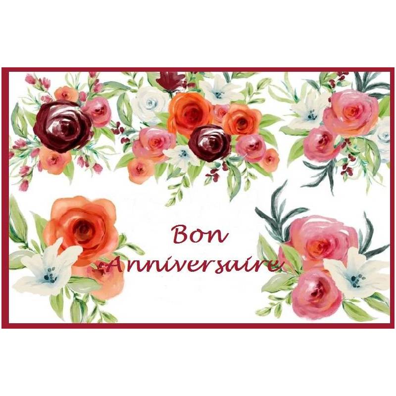  Carte  artisanale Bon  Anniversaire  Fleurs  rouges et bordeaux 
