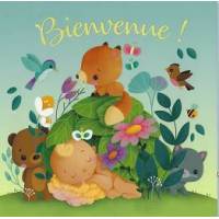 Carte Naissance Elen Lescoat "Bienvenue"Bébé avec chat et renard