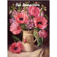 Carte Anniversaire aquarelle vase de Pavots roses 