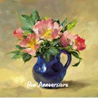 Carte Anniversaire aquarelle vase d' Eglantines roses