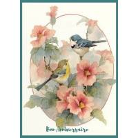 Carte Anniversaire aquarelle Fleurs de Lavatère et oiseaux