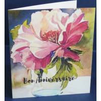 Carte Anniversaire double aquarelle  Fleur rose