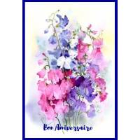 Carte Anniversaire aquarelle Pois de Senteur roses et bleus