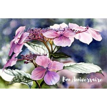 Carte Anniversaire aquarelle Hortensias roses