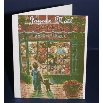 Carte Joyeux Noël aquarelle vintage Vitrine de Noël et Nounours