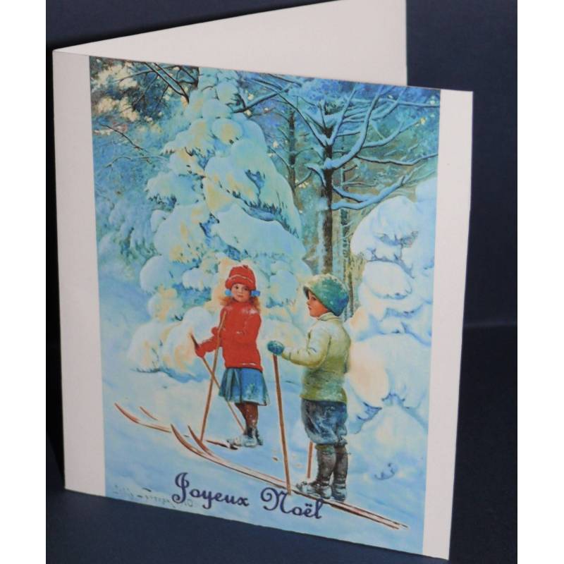 Carte Joyeux Noel Aquarelle Vintage Enfants Et Ski De Fond
