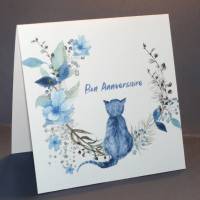 Carte Anniversaire Fleurs couronne de Fleurs Chat bleu