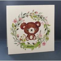 Carte Naissance Bienvenue couronne de Fleurs Petit ours