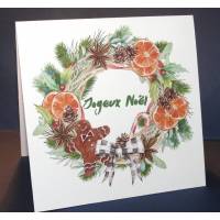 Carte double parfumée Joyeux Noël, épices de Noel et orange, Couronne d'oranges et Pain d'Epices