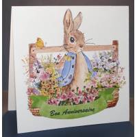 Carte Anniversaire enfants double  BP Peter Rabbit et barrière fleurie