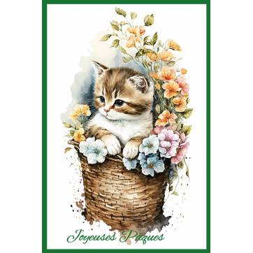 Carte de Pâques Joyeuses Pâques Panier fleuri et Chaton tigré