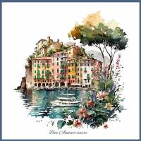 Carte Anniversaire Riviera et Fleurs 1, reproduction d'aquarelle