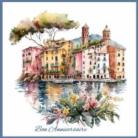 Carte Anniversaire Riviera et Fleurs 3, reproduction d'aquarelle