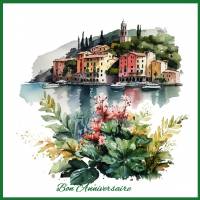 Carte Anniversaire Riviera et Fleurs 4, reproduction d'aquarelle