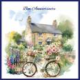 Carte Anniversaire Bicyclette et fleurs roses devant cottage 