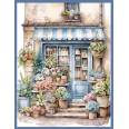 Carte vintage aquarelle fleuriste store et boiseries bleus sans texte