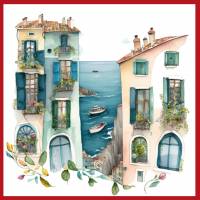 Carte aquarelle Maisons colorées de bord de Mer 8 sans texte
