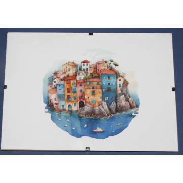 Cadre Sous-verre avec carte artisanale aquarelle Maisons colorées de bord de Mer 3