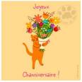 Carte Anniversaire "Joyeux Channiversaire" Chat et Bouquet de Fleurs