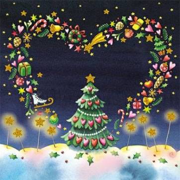 Carte Joyeux Noël ou Nouvel an Nina Chen Arbre de Noël et Couronne Coeur