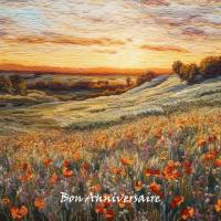 Carte Anniversaire aquarelle broderie champ fleuri et coucher de soleil