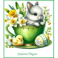 Carte de Pâques Joyeuses Pâques Lapinou dans tasse verte