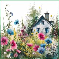 Carte aquarelle Anniversaire Cottage et Fleurs des champs sans texte