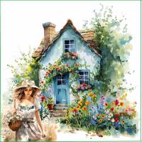 Carte Anniversaire Alice devant le Cottage fleuri sans texte